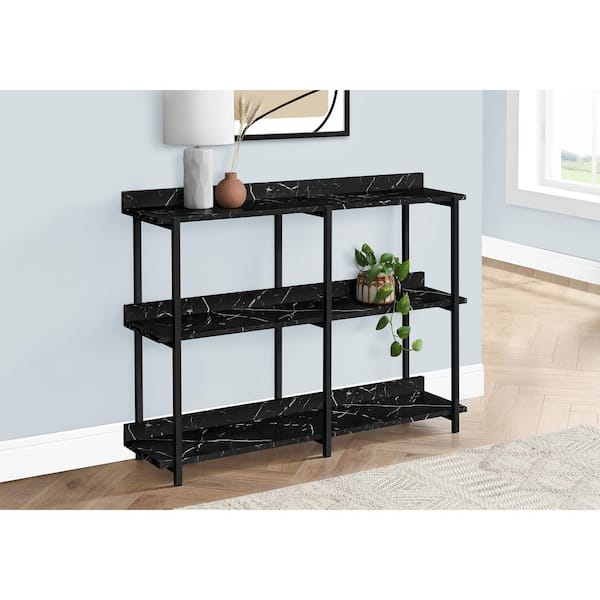 Unbranded 47.25 in. Black Marble-Look Rectangle Particle Board Console Table with Shelves