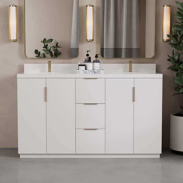 Bergen 63in. Double Sink, White Bath Vanity with White Engineered Stone Top.