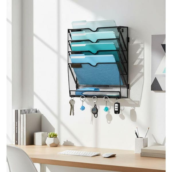 5 Tier Metal Wall File Organizer with 5 Hooks, Black Mail Holder