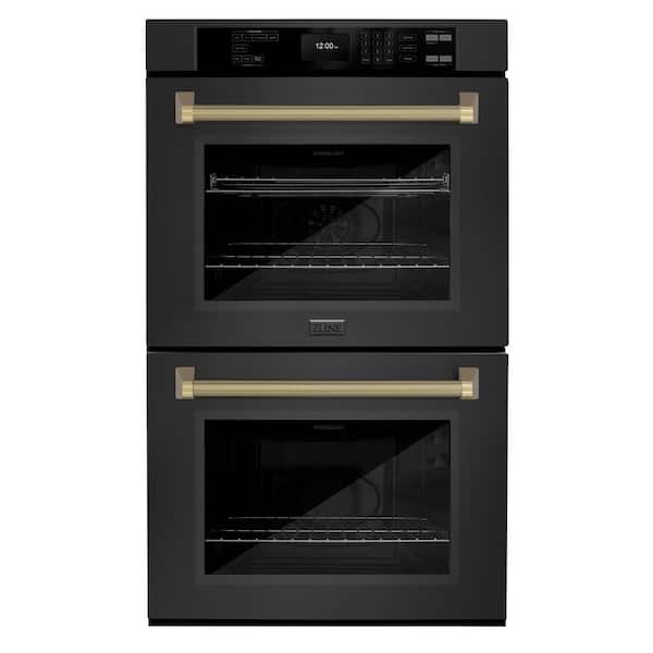 Autograph 30 in. True Convection Double Wall Oven with Air Fry in Black Steel with Champagne Bronze Helix Handles