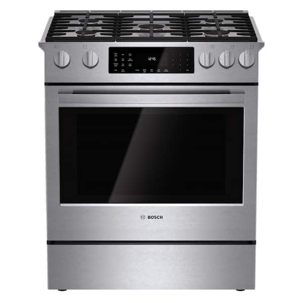 Bosch 800 Series 30 in. 4.6 cu. ft. Slide-In Dual Fuel Range with Self-Cleaning Convection Oven in Stainless Steel