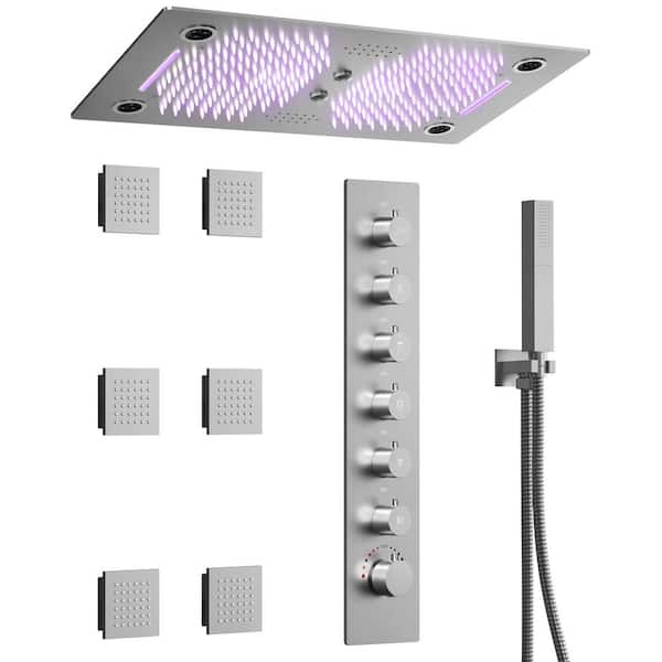 28 in. Rectangle Aurora 6-Spray Ceiling Mount Fixed and Handheld Dual Shower Head 2.5 GPM in Brushed Nickel