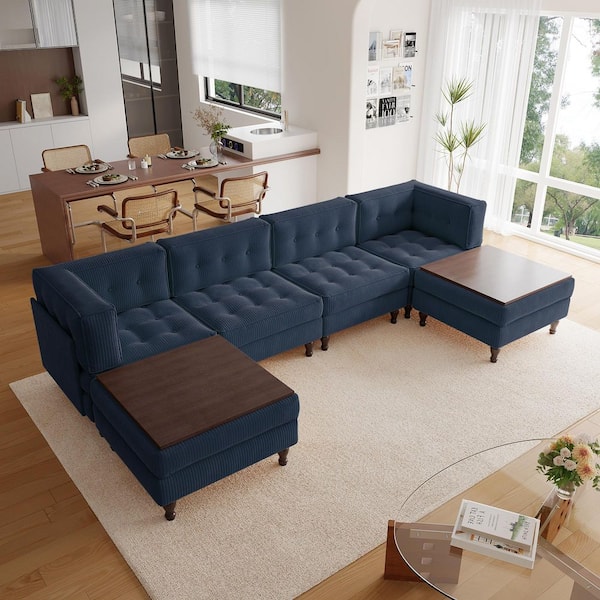 Uixe 130.8 in. Square Arm 6-piece Corduroy U-Shaped Sectional Sofa