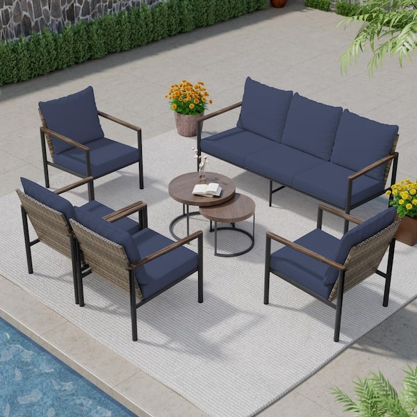 6-Piece Wicker Outdoor Pation Conversation Sofa Set Chaise Lounge with Blue Cushions
