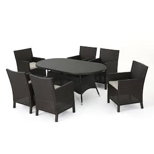Cypress 28.50 in. Multi-Brown 7-Piece Metal Round Outdoor Dining Set with Light Brown Cushions