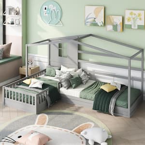 L-shaped Gray Twin Size Wood House Bed with Fence