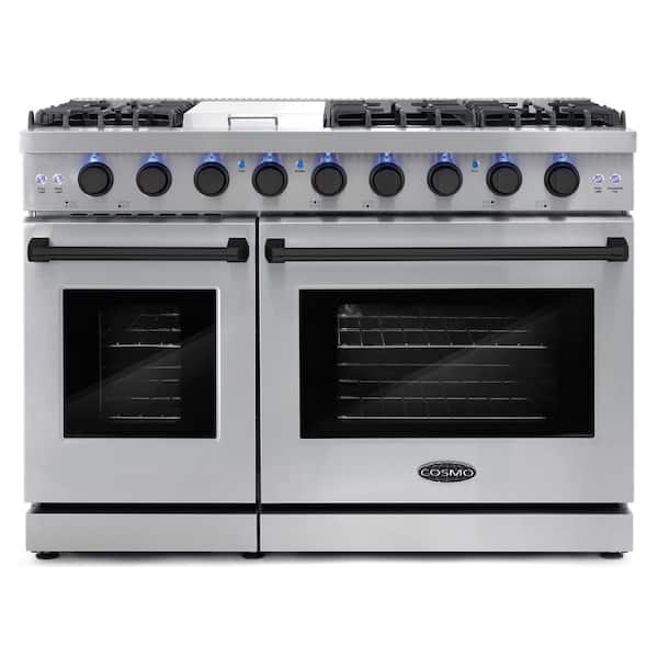 48 in. 7 cu. ft. Double Oven Gas Range, 6 Burners, Convection, Knob LEDs, Stainless Steel, Matte Black Handle Knob Kit