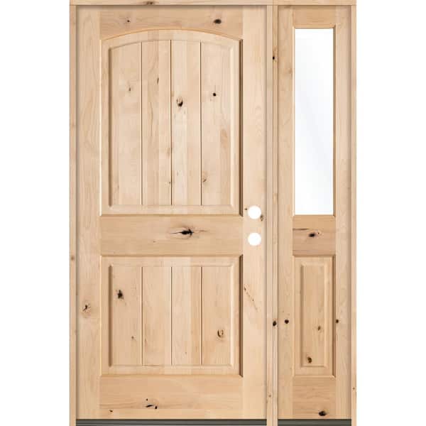 Krosswood Doors 50 in. x 80 in. Rustic Unfinished Knotty Alder Arch Top VG Left-Hand Right Half Sidelite Clear Glass Prehung Front Door