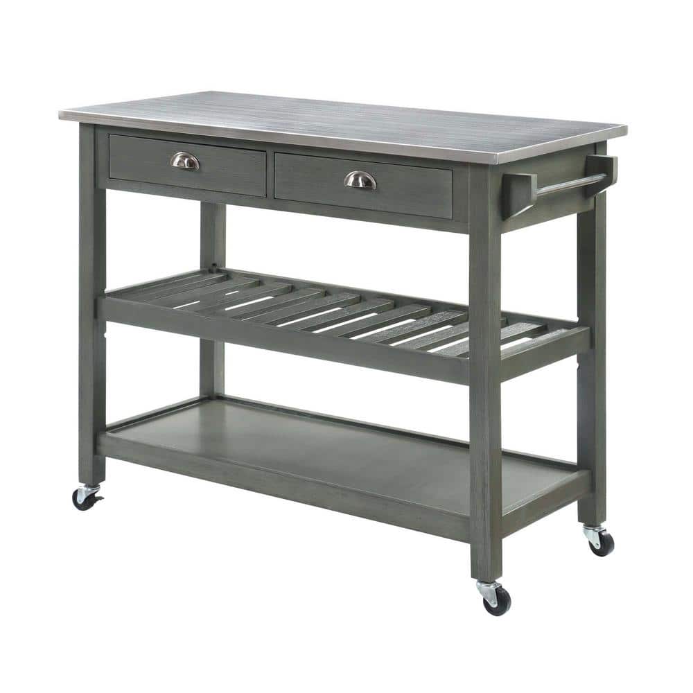 Wirebrush Dark Gray Stainless Steel Kitchen Cart with Wine Rack