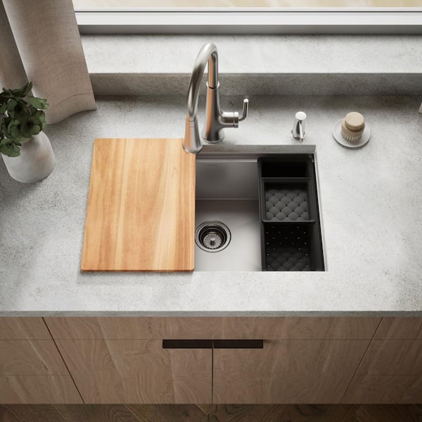 Lyric 27 in. Stainless Steel 18-Gauge Drop in/Undermount Workstation Single Bowl Kitchen Sink with Accessories