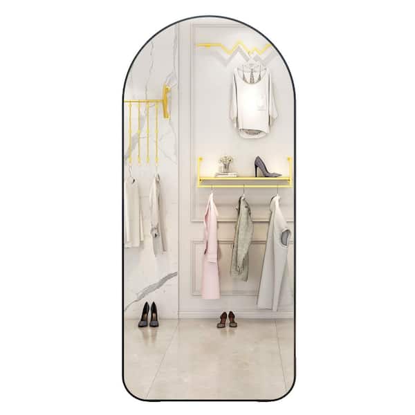 32 in. W x 71 in. H Arched Framed Full Body Leaning Bathroom Vanity Mirror in Black