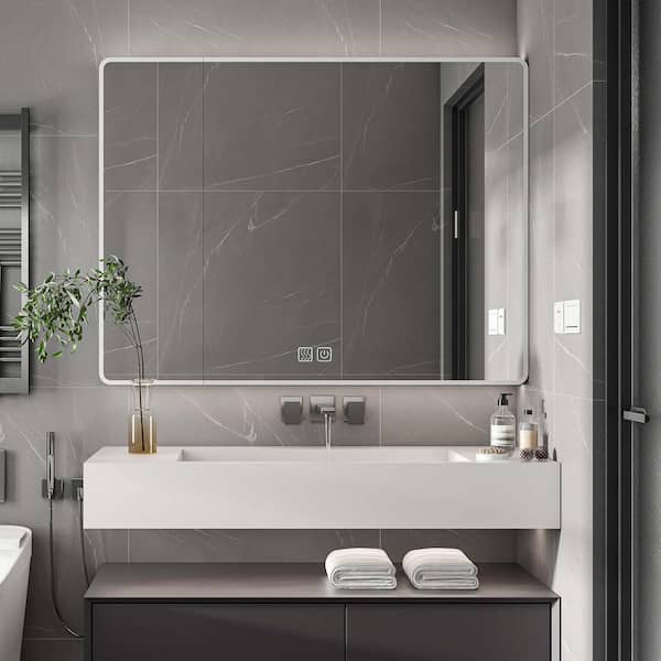 35.4 in. W x 27.6 in. H Rectangular Aluminum Medicine Cabinet with Mirror 3 Colors LED Light and Defogging Function