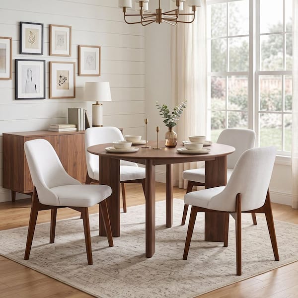 5-Piece Modern Round Walnut Wood Top 42 in. 4-Legs Base Dining Table Set Seats 4