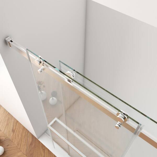 ANGELES HOME 56-60 in. W x 76 in. H Double Sliding Frameless Shower Door in Brushed Nickel Finish with Clear Glass and Buffer