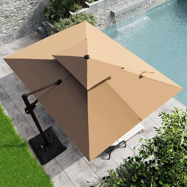11 ft. x 9 ft. Double Top Cantilever Patio Umbrella in Tan Brown Aluminum Outdoor Umbrella with 220 lbs. Wheeled Base