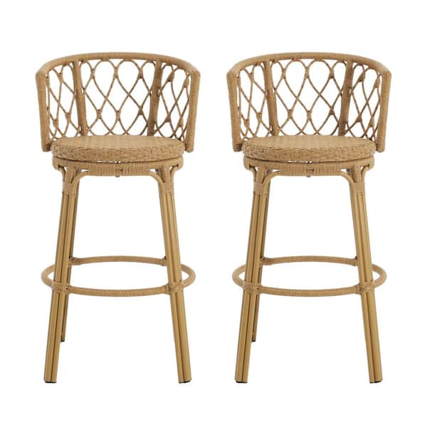 Noble House Cressi 28.75 in. Seat Height Metal and Rattan Frame Light Brown Outdoor Barstool (2-pack)