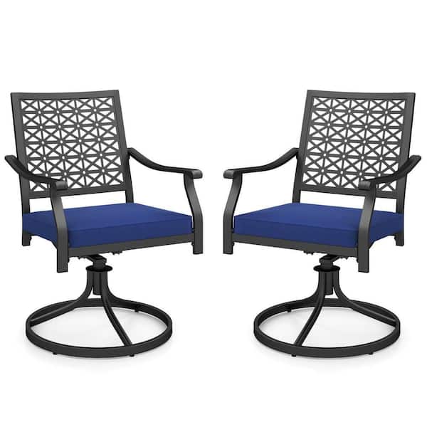 Metal Outdoor Swivel Chairs Patio Dining Chairs with Navy Padded Cushion High Back (2-Pack)