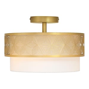 Sloane 13.125 in. Dual-Light Gold-Tone Semi-Flush Mount with White Fabric Drum Shade