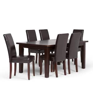 Acadian Transitional 7-Piece Dining Set w/6 Upholstered Parson Chairs in Tanners Brown Faux Leather & 66 in. W Table