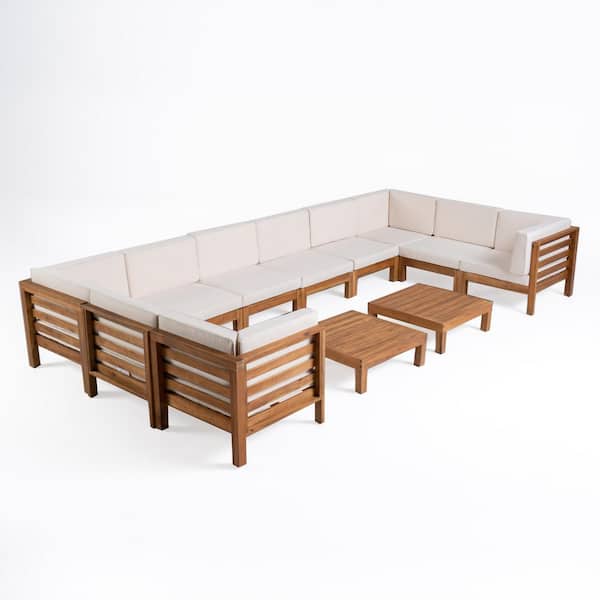 Noble House Oana Teak Brown 12-Piece Wood Patio Conversation Sectional Seating Set with Beige Cushions