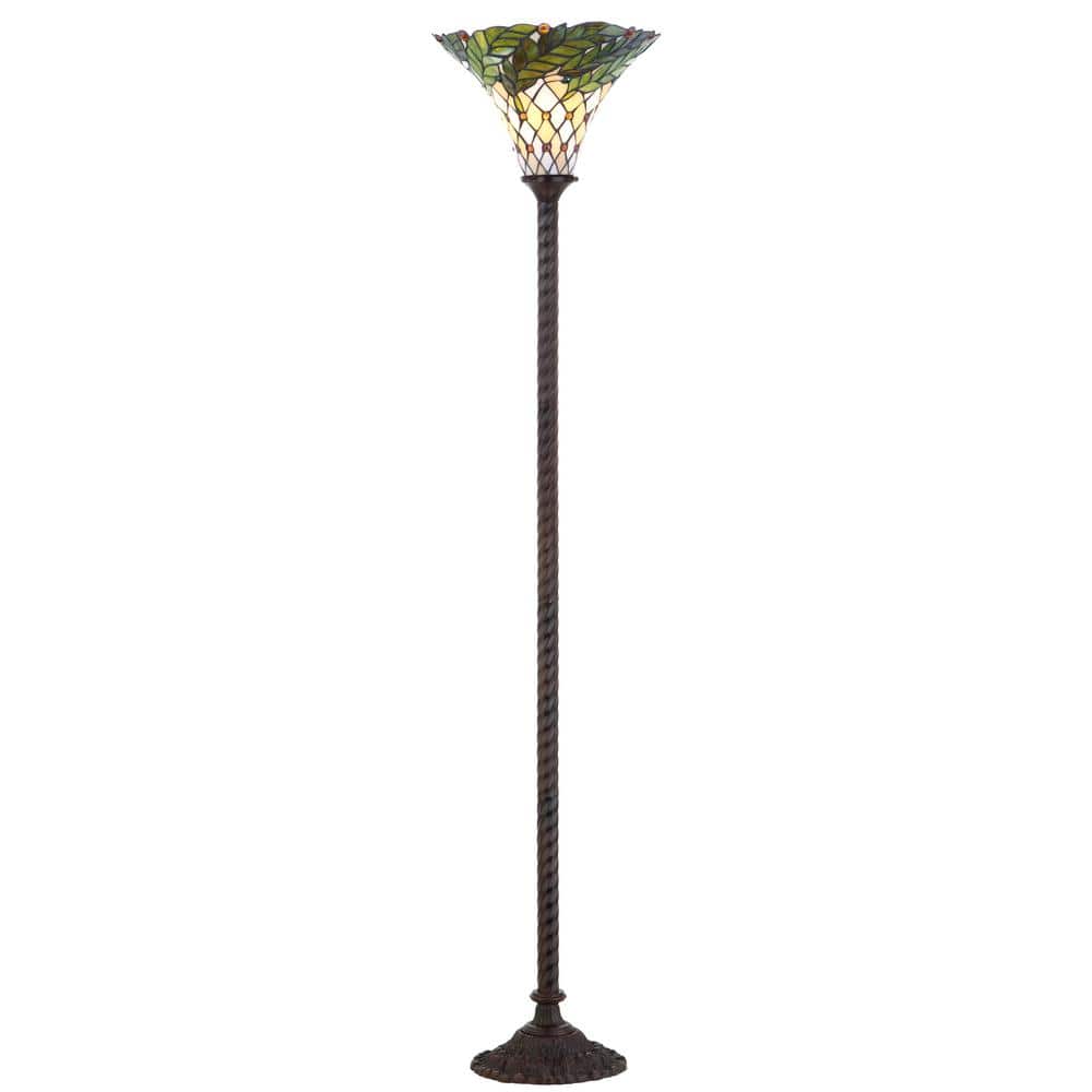 Botanical Tiffany-Style 71" Bronze Stained Glass Torchiere Lamp