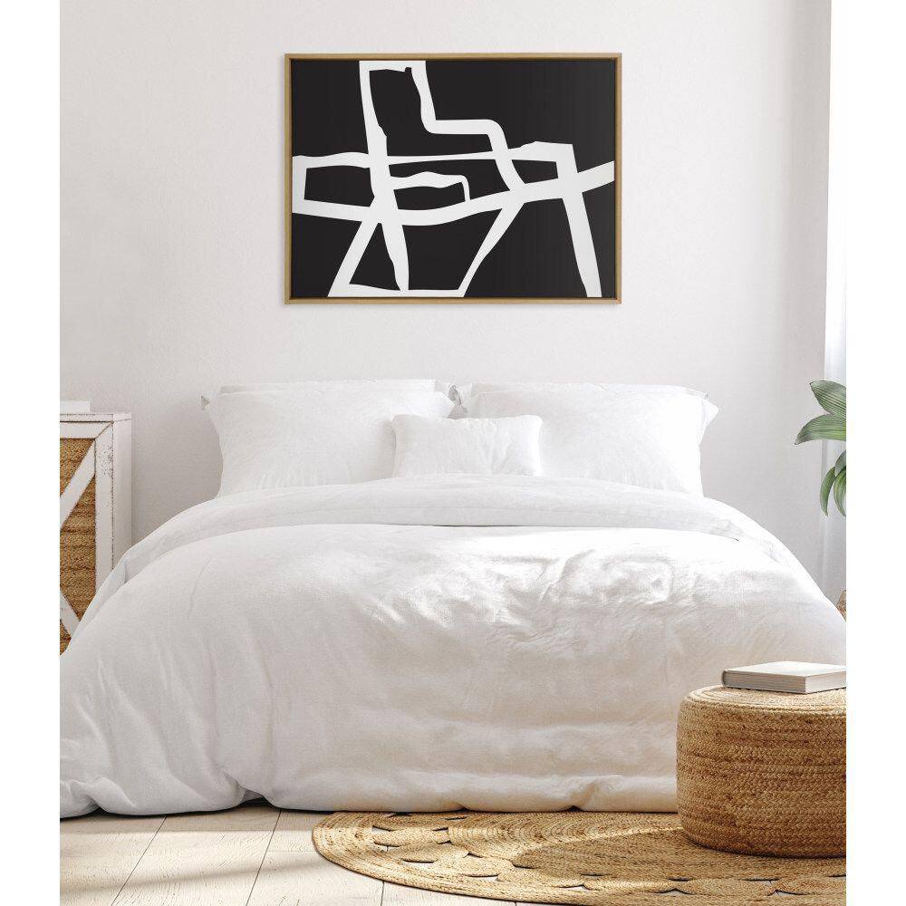 Bold Sophisticated Abstract Black and White Canvas Art with Natural Frame