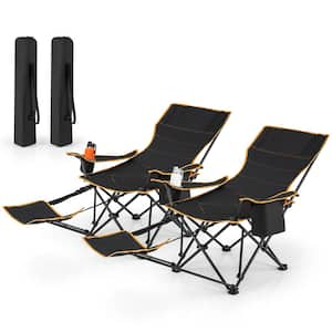 Folding Outdoor Recliner Camping Chair with Footrest and Adjustable Backrest Cup Holder in Black (Set of 2)