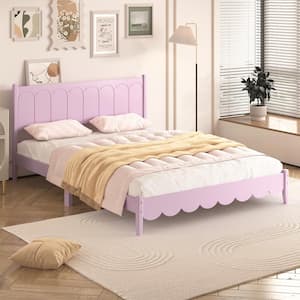 Pink Wood Frame Queen Size Platform Bed with Central Support Legs and Wavy Footboard