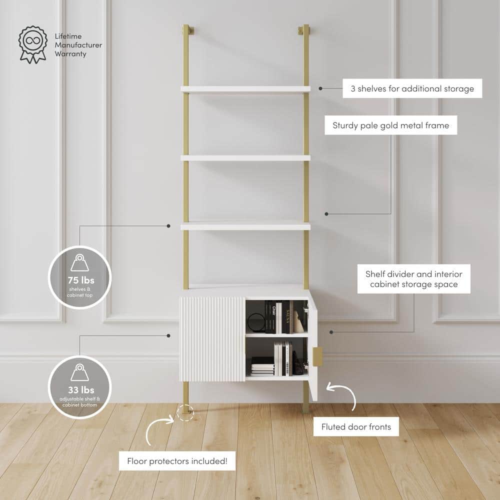White and Gold Adjustable Ladder Bookcase with Cabinet