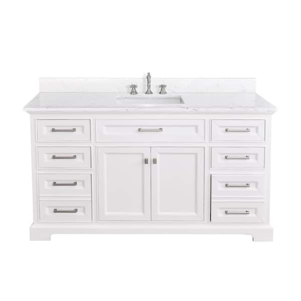 Norven 60 in. W x 22 in. D Freestanding White Bath Vanity with Pulsar White Engineered Stone Top Single Retacgular Sink