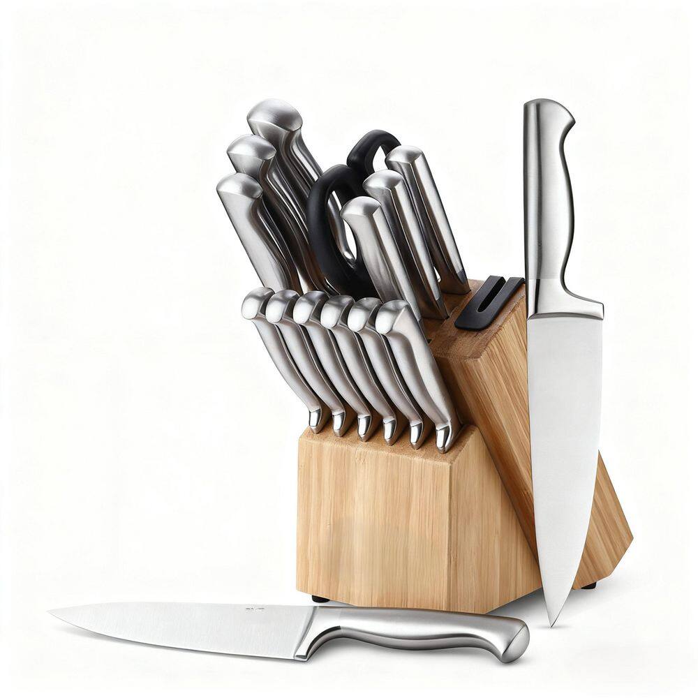 Wudkey 15-Piece Silver Knife German Stainless Steel Kitchen Knife Block Set with Built-in Sharpener Natural Knife Holder EV0W21_8