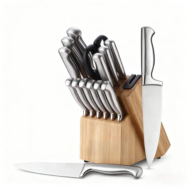 15-Piece Silver Knife German Stainless Steel Kitchen Knife Block Set with Built-in Sharpener Natural Knife Holder