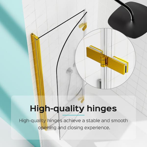 Reversible 34.75 in. W x 58 in. H Bi-Fold Pivot Frameless Tub Door in Brushed Gold with Tempered Clear Glass