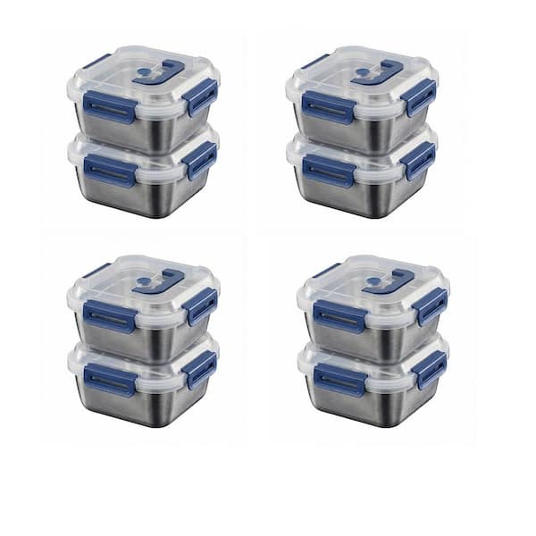 8PCS Extra Large Stainless Steel Food Storage Containers Airtight Blue Lids for Kitchen Organization