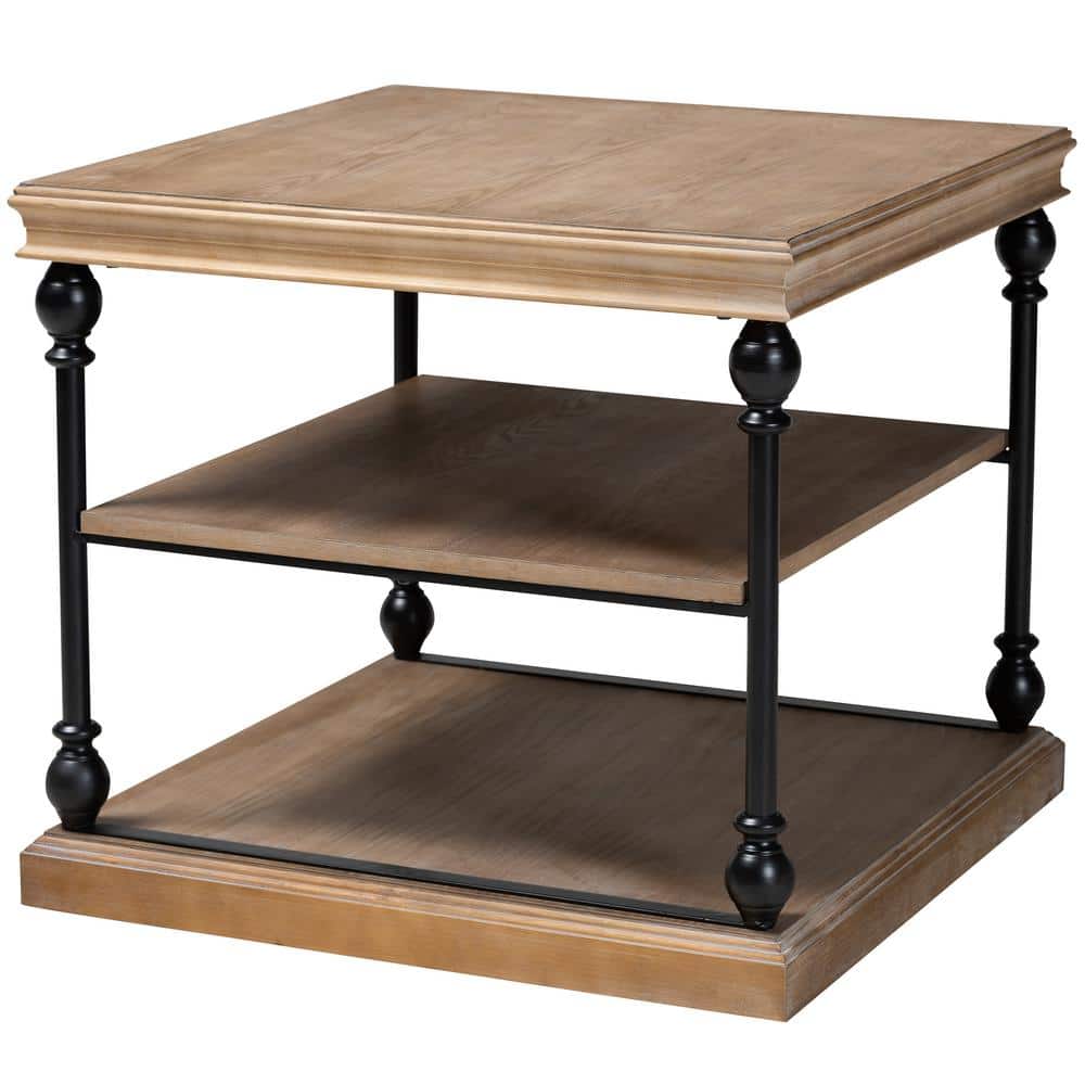Sebastian Industrial Greywashed Wood & Black Metal 3-Tier End Table