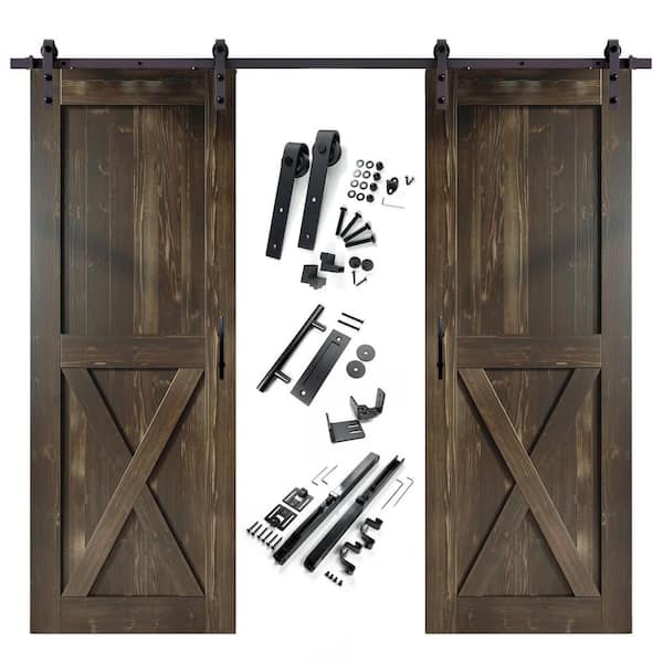 HOMACER 48 in. x 96 in. X-Frame Ebony Double Pine Wood Interior Sliding Barn Door with Hardware Kit, Non-Bypass