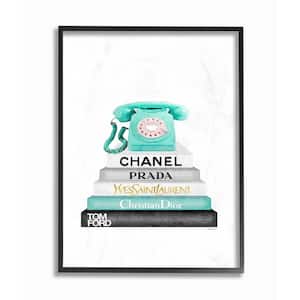 24 in. x 30 in. "Grey Teal and Black Fashion Bookstack with Teal Phone" by Amanda Greenwood Framed Wall Art