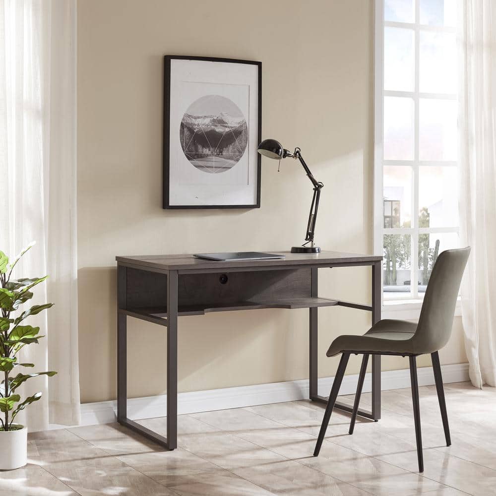 Gray Wood and Metal Desk with Lower Shelf