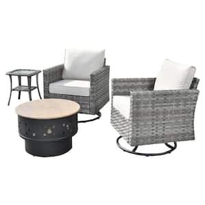 Eufaula Gray 4-Piece Wicker Outdoor Patio Conversation Swivel Chair Set with a Wood-Burning Fire Pit and Beige Cushions
