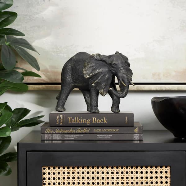 Litton Lane 6 in. x 7 in. Bronze Polystone Elephant Sculpture with Gold Detailing