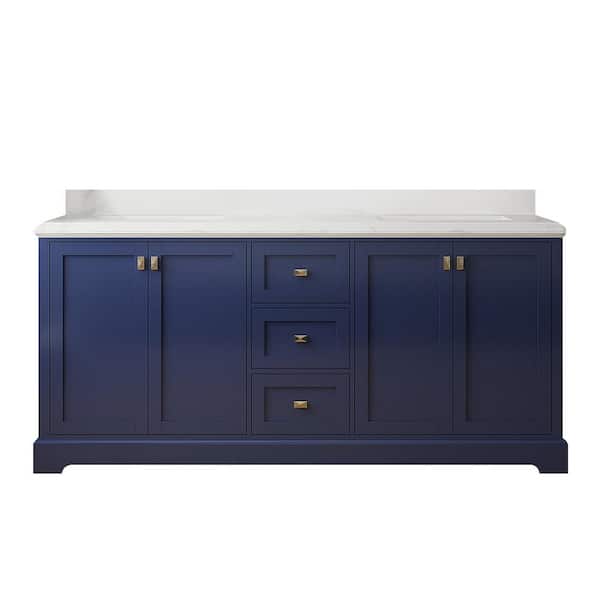 WELLFOR 72 in. W x 22.25 in. D x 33.88 in. H Bath Vanity in Navy with White Marble Top and Undermount Ceramic Sink
