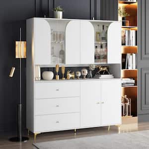 White Wood 63 in. W Accent Storage Cabinet with Adjustable Shelves, Tempered Glass Doors and Drawers