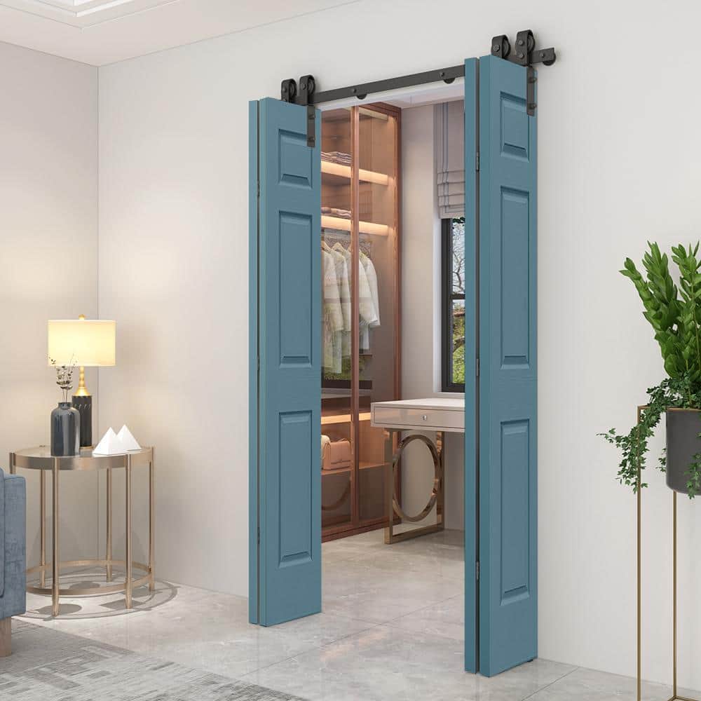 Dignity Blue 48" x 80" MDF Double Bifold Barn Doors with Black Hardware