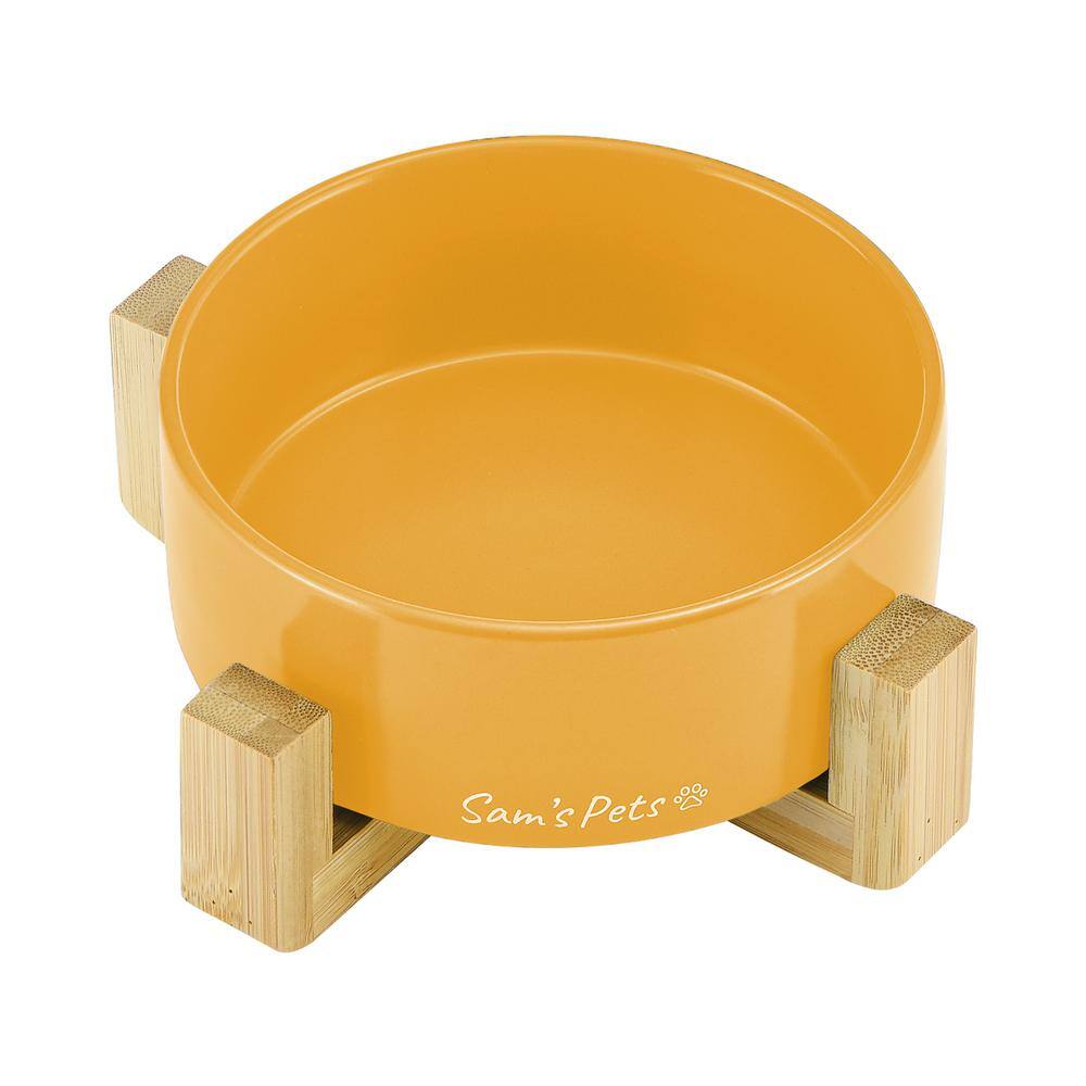 Yellow Ceramic Pet Bowl with Wooden Stand