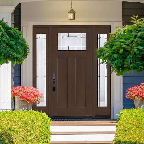 Regency 68 in. x 80in. 1/4 TopL Empire Glass RHIS Hickory Mahogany Fiberglass Prehung Front Door w/14in.-Full SLs 4-9/16
