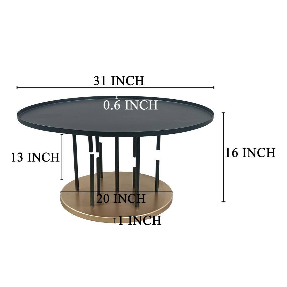 31" Round Matte Black and Brass Metal Coffee Table