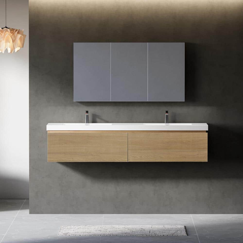 72 in. Wall-Mounted Bath Vanity Floating Bathroom Storage Cabinet in Natural Oak with Glossy White Stone Resin Top price history on PriceWatchPro