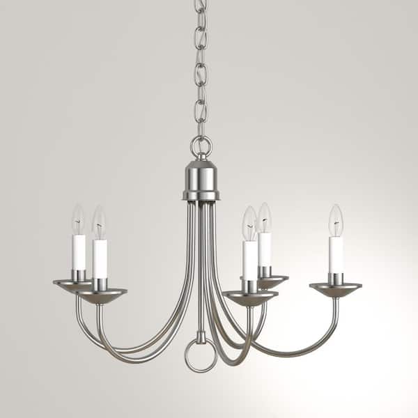 Progress Lighting Five-Light Brushed Nickel White Candles Traditional Chandelier Light