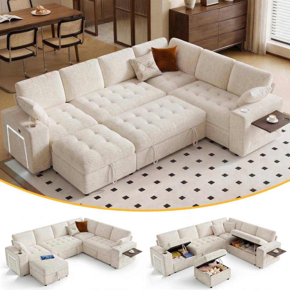 110" 7-Seat Beige Sleeper Sofa Bed with Pull out Bed,L Shaped Modular Sectional Couch for Living Room,Tool-Free Assembly