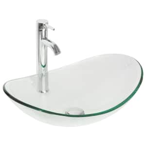 Solid Tempered Glass Oval Bathroom Vessel Sink in Clear with Chrome Faucet and Pop-Up Drain